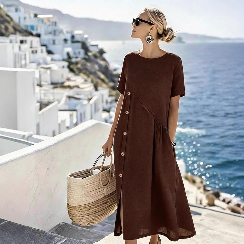 Neues Kleid lässig Knopfdekoration Rafftasche mittellanges Kleid