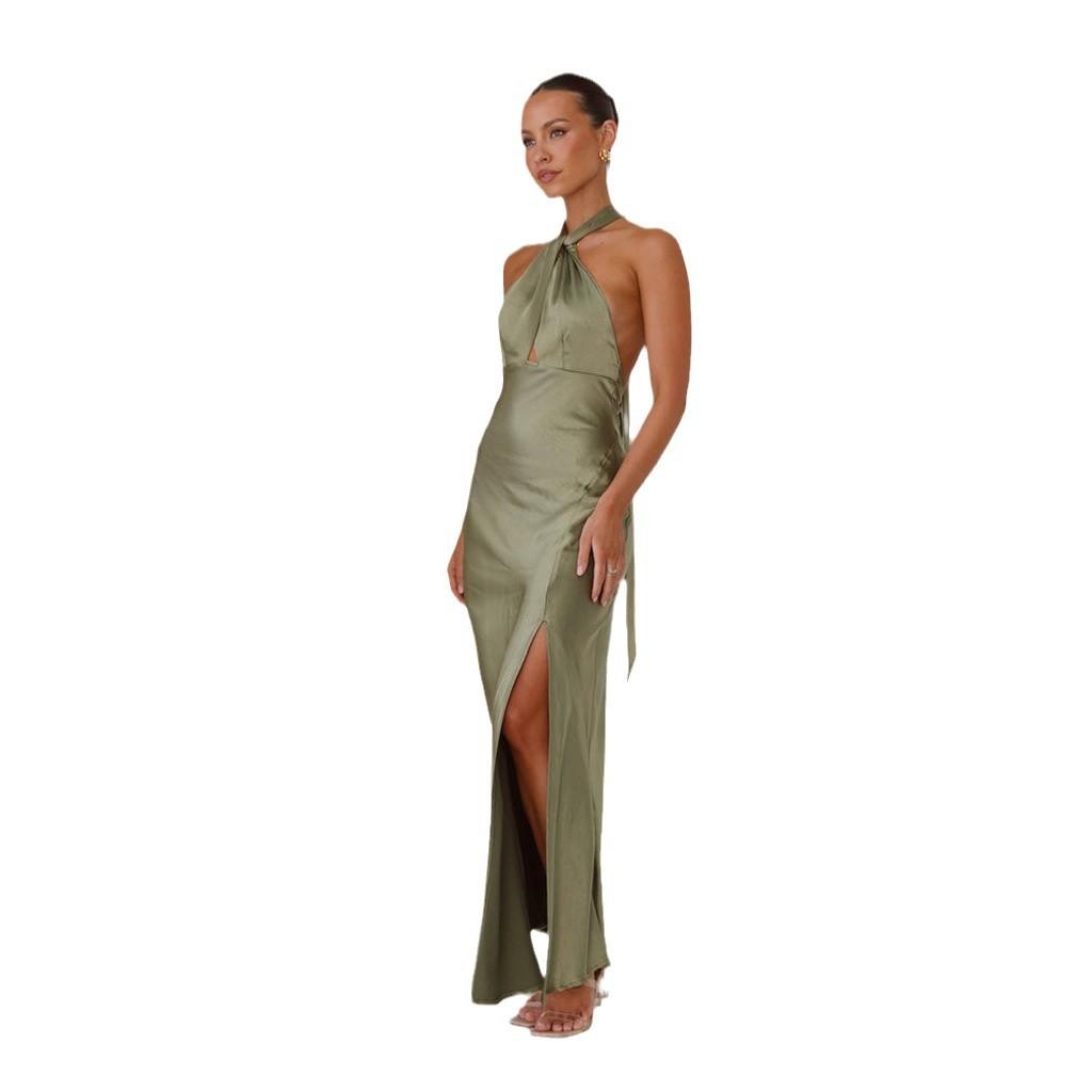 European and American Spring and Summer New Women's Clothing Sexy Waist Hanging Neck Split Long Satin Sleeveless Dress Women