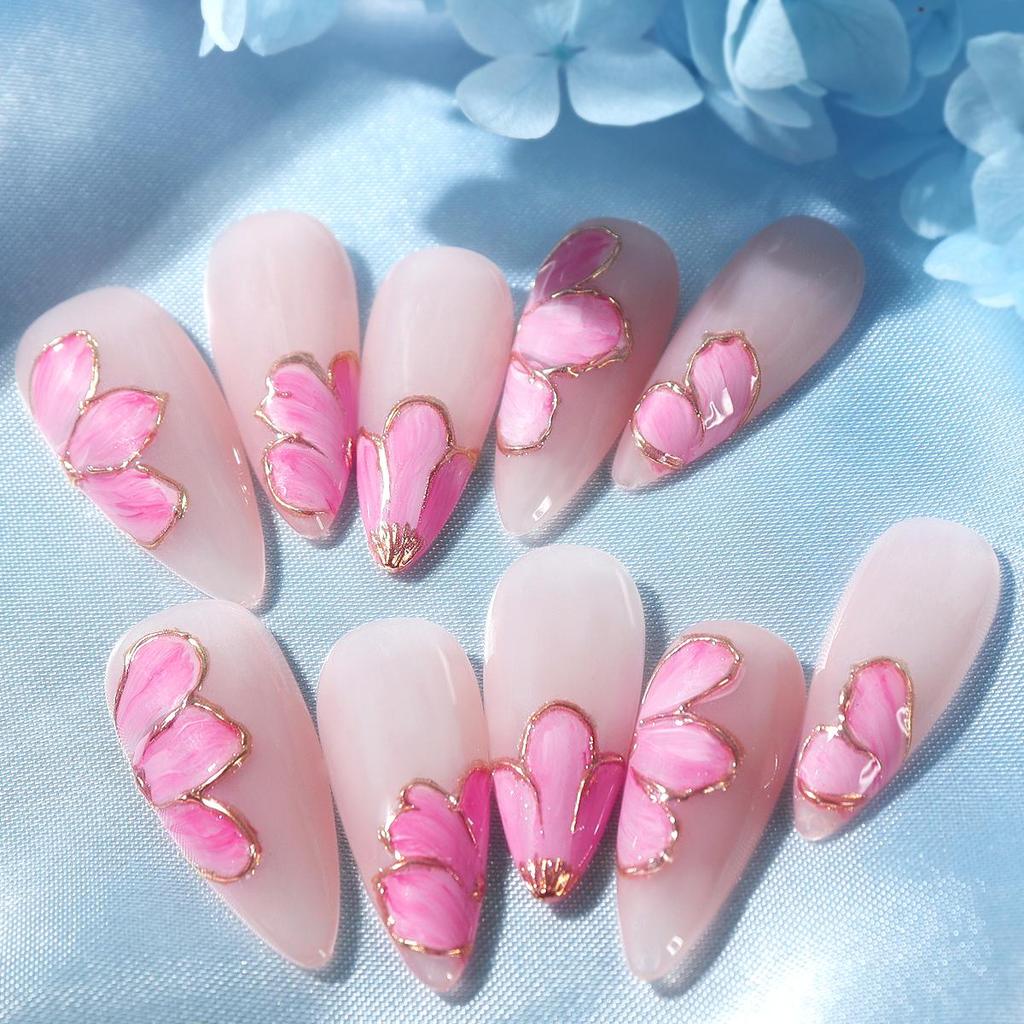 10Pcs Handmade Nails Set Press On Long Almond False Nail High Luxury Minimalist Style Design Reusable Full Cover Fake Nail Tips
