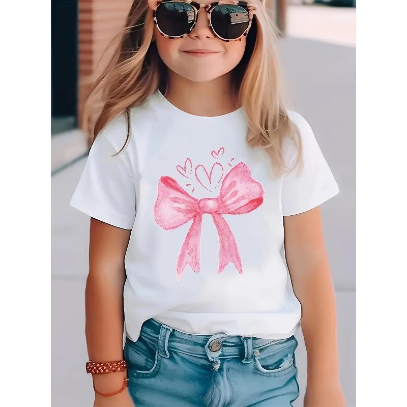 European sizes SCKMEU Girls Cute Bow & Hearts Print Tee Round Perfect for Spring/Summer Fashion, Girls Tshirts 110 белый