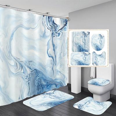 4-teiliges Badezimmer-Duschvorhang-Set Blauer Marmor Badezimmer-Vorhang mit 12 Haken Rutschfeste Teppiche Toilettendeckelmatte Badezimmer-Trennwand