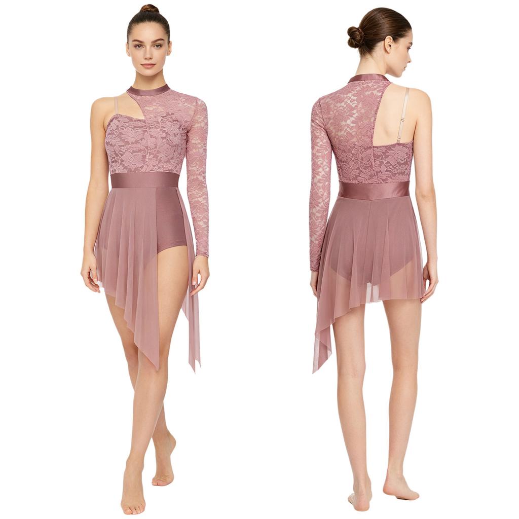 Women Lyrical Dance Dress One Shoulder Contemporary Ballet Costume Asymmetric Hem Leotard Dress