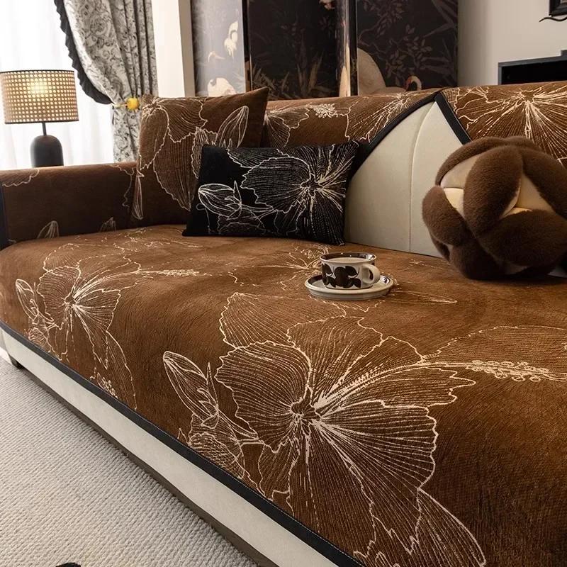 Flowers Print Chenille Sofa Cover Anti-slip Sofa Mat All Seasons Universal Chaise Lounge Couch Towel for Living Room Couch Cover