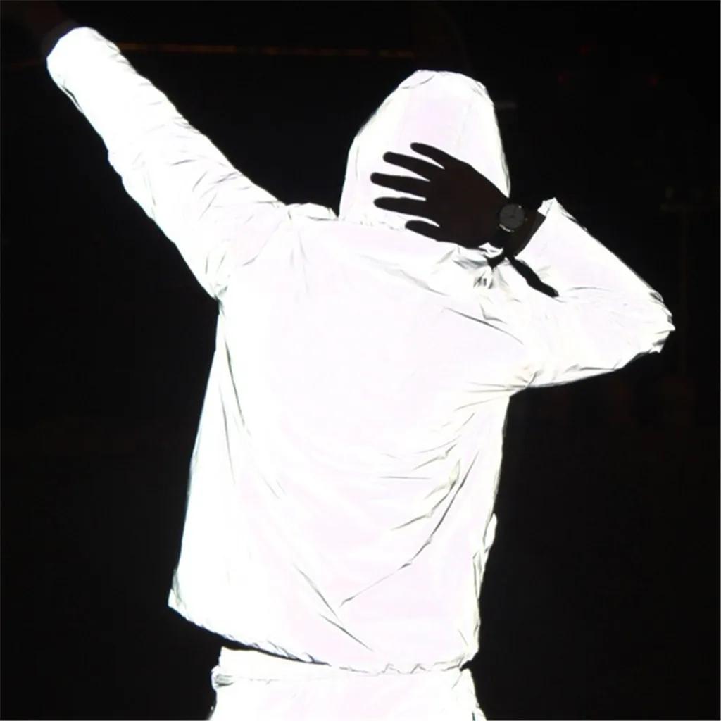 New Night Reflective Jackets Double Fabric Windbreaker Hooded Jacket Men Hip Hop Dancer Singer Waterproof Zipper Coats Outwear