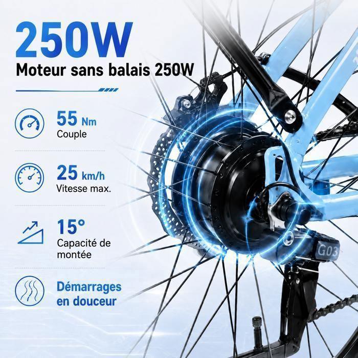 GEBIKE G03 - Elektrische Fiets 26" - Motor 250W - Batterij 36V 13Ah - 90Km Max - Shimano 7 versnellingen - 25Km/u - Blauw