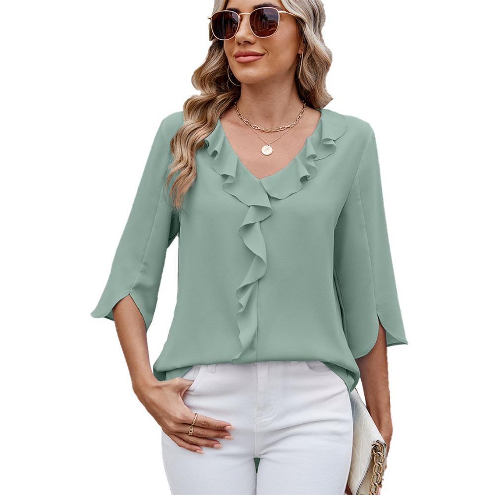 New, Hot-selling, Chiffon Shirt, Medium-sleeved V-neck Pleated Ruffle Edge Loose Women's Top