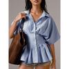 Summer New Women's Design Waist Shirt Casual Versatile Striped Pleated Slim Top
