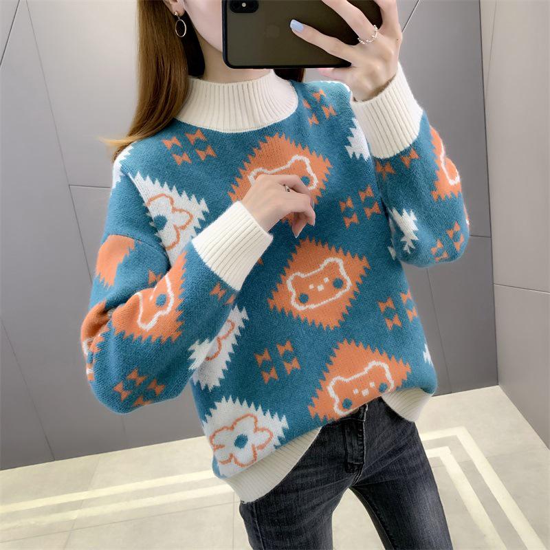 

Женская мода 2024 года: Утолщенный жаккардовый свитер свободной вязки с полувысоким воротником на осень и зиму One Size павлин голубой