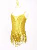 Mädchen Stilvoller Tanzbody Ärmellos V-Ausschnitt Glänzende Pailletten Mesh Patchwork Quasten Saum Bühnenkostüm