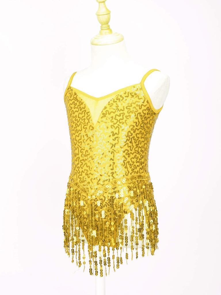 Mädchen Stilvoller Tanzbody Ärmellos V-Ausschnitt Glänzende Pailletten Mesh Patchwork Quasten Saum Bühnenkostüm