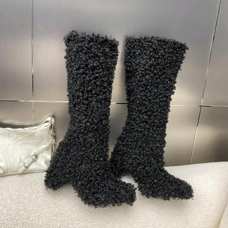 Fashion New Winter Rolled Plush Square Toe Thick Heel Knee High Boots European American Fashion Short Plush Warm High-heel Cotton Boots