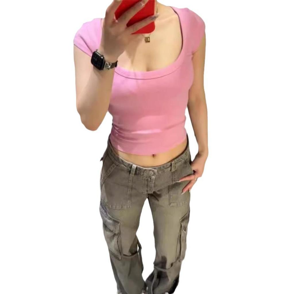 Women's Summer Sweet & Spicy Slim Fit Round Neck Ribbed Cotton T-Shirt, Short Sleeves