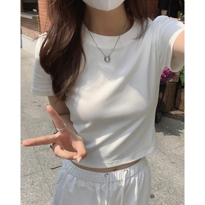 

Special 92 cotton 8 elastane slim-fit shoulder short-sleeved t-shirt women s summer short high-waisted American Spice Girl top trend S белый
