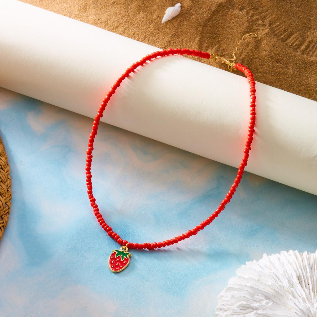 Lovely Cherry Pendant Rice Beads Choker Necklace for Women Fashion Simple Starfish Strawberry  Clavicle Chain Party Zircon Gift