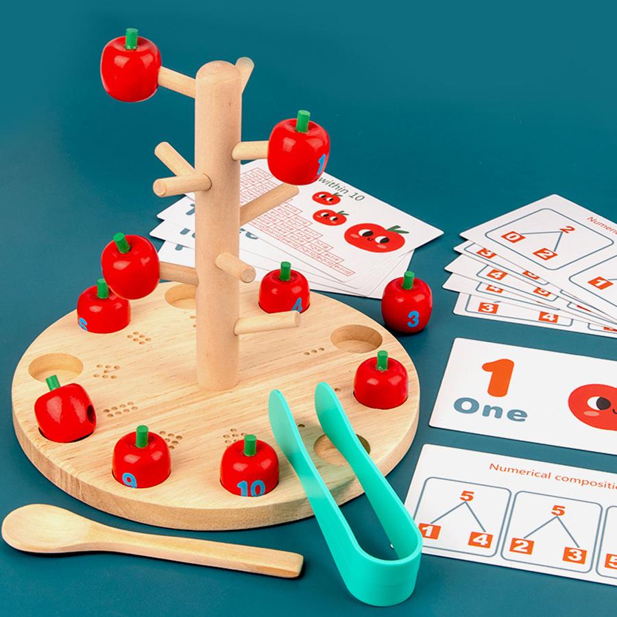 Baby Montessori Digital Apple Tree Education Wooden Toys Children Learn Digital Clip Beads Skills Training Early Math Game