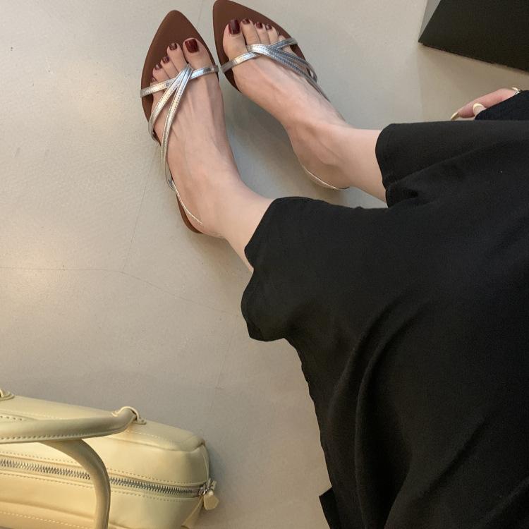 French pointed thick heel strap sandals fairy shoes 2025 new summer with skirt toe silver Roman shoes