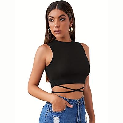 Summer Sleeveless Pure Black Bandage Bare Midriff Top Women Vest