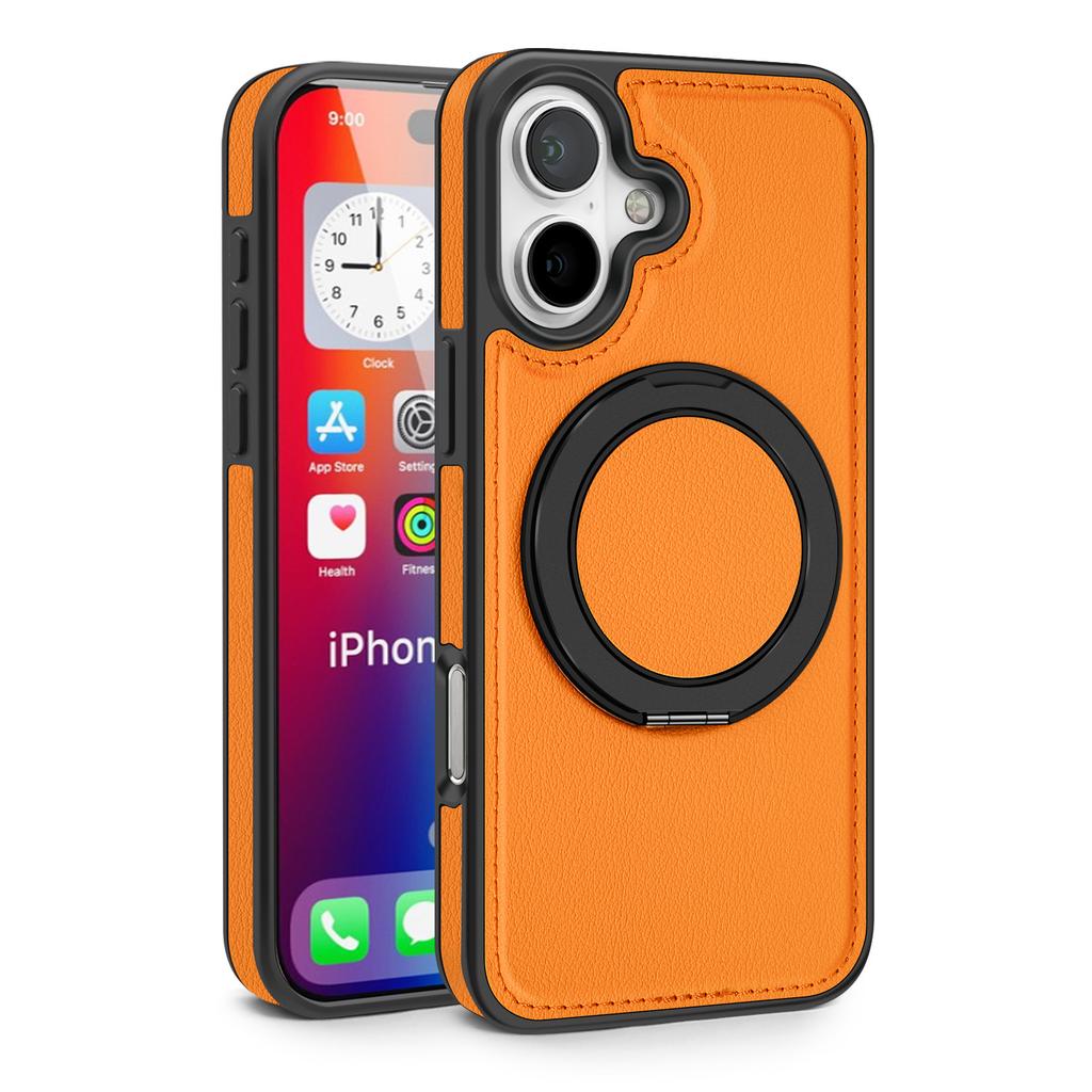 For iPhone 16 Magnetic Case Rotate Ring Kickstand PU Leather+PC+TPU Back Cover