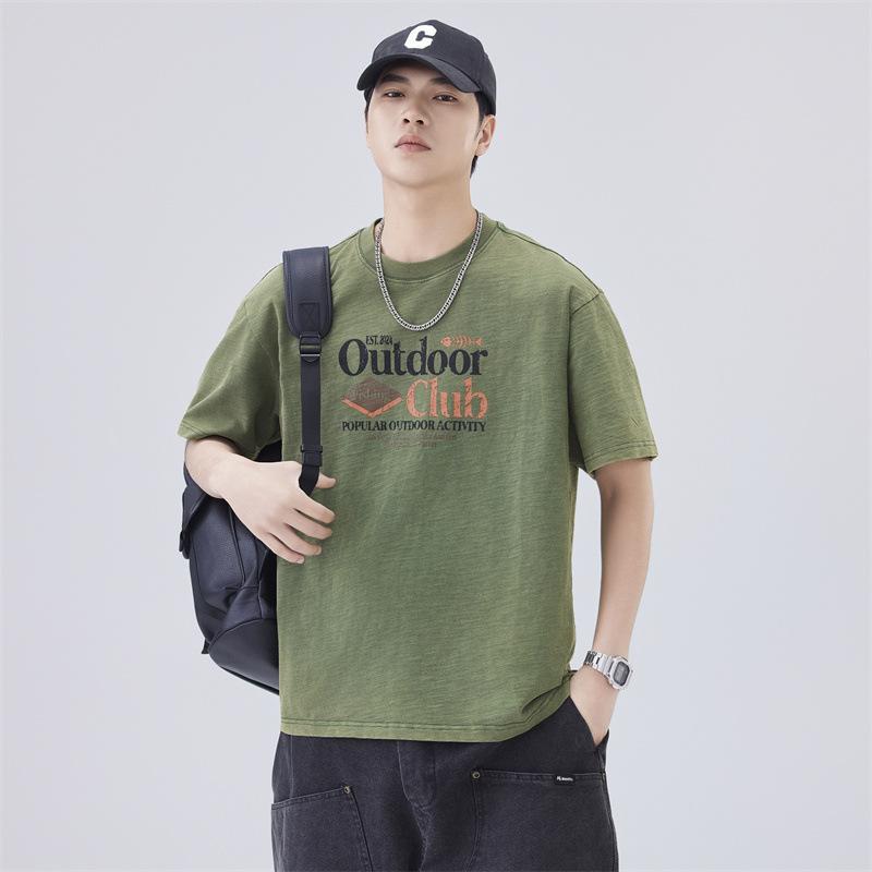 Thin Summer New Men's Short-sleeved T-plate Print Loose Shoulder-down Round Neck T-shirt Short-sleeved