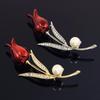 Handmade Enamel Red Tulip Brooch with Rhinestones - Floral Lapel Pin Corsage Accessory