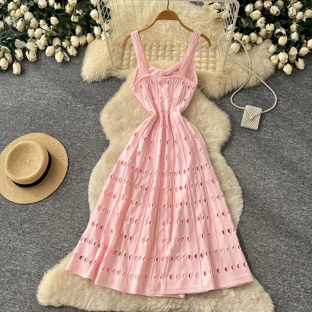 New Fall/Winter Sexy Spaghetti Strap Knitted Midi Dress for Women Elegant Sleeveless Hollow Out Embroidery Slim Sweater Dress