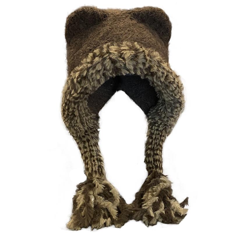 Cute Plush Hat Women's Autumn and Winter Colorful Fringed Braids Knitted Pullover Hat Ear Protector