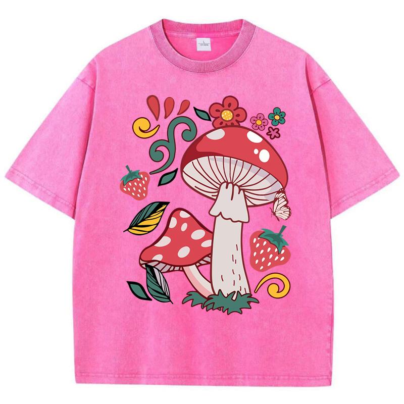 Beautiful Mushrooms Flower Strawberries Printed Washed T-Shirt Women Loose Cotton T Shirts Trendy Y2K Short Sleeve Top