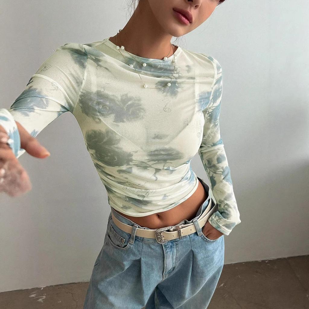 European and American spring/summer new elegant women's floral mesh print pleated side short top for women