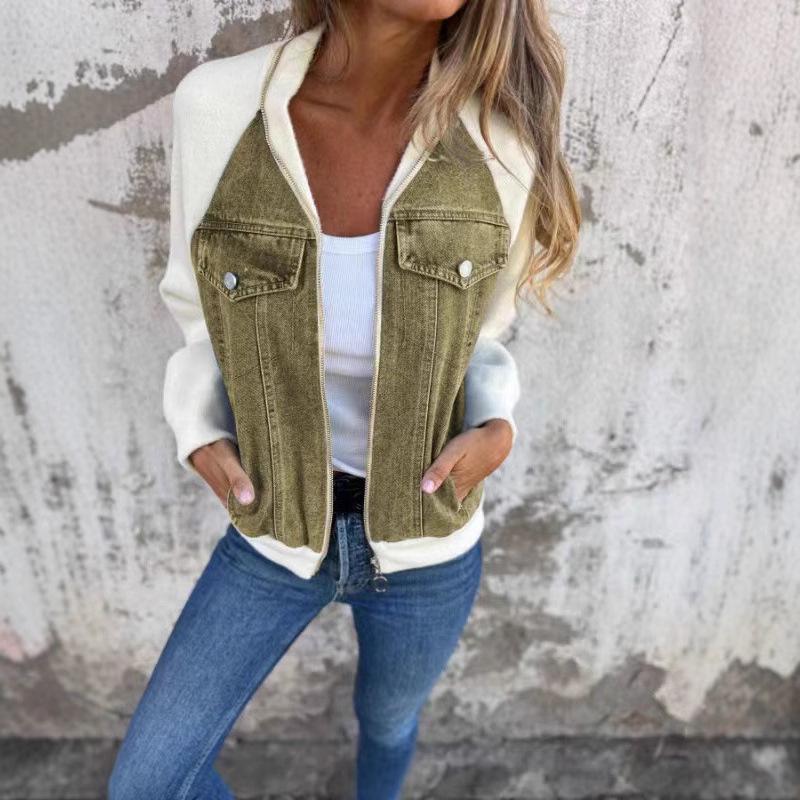 2024 Autumn/Winter Women's Denim Patchwork Raglan Sleeve Jacket - Casual Fashion