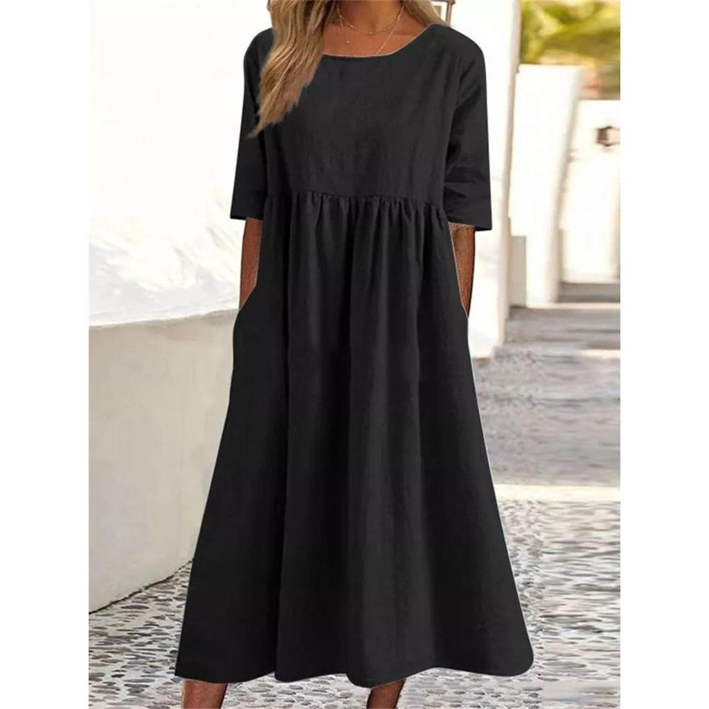 Women's Round Neck Short Sleeve Loose Casual Long Retro Dress