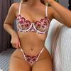 Kvinner Sexy Blondefull BH-sett Gjennomsiktig Bøyleblomstert Thong Undertøy Kvinnelig Pustende Undertøy