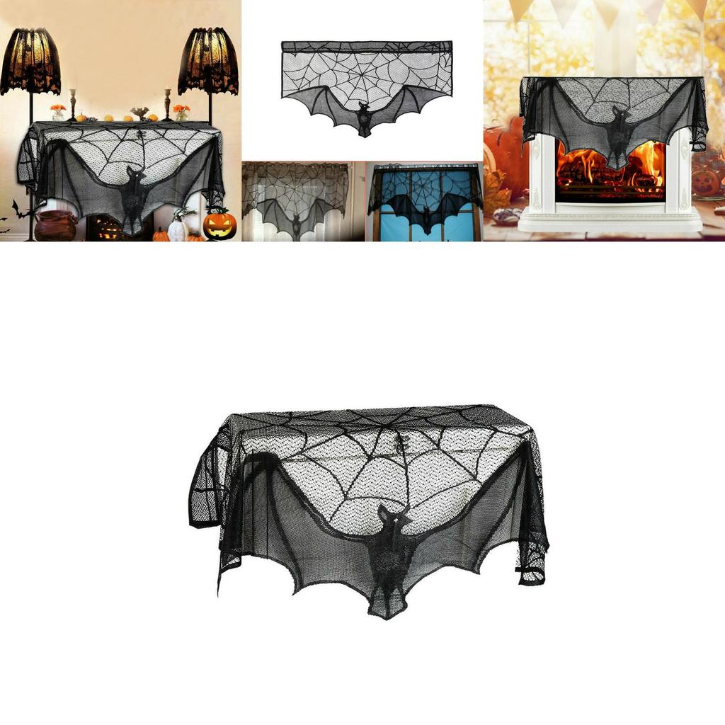 Intricate Black Lace Spider Web Bat Decor For Halloween Fireplace Mantle