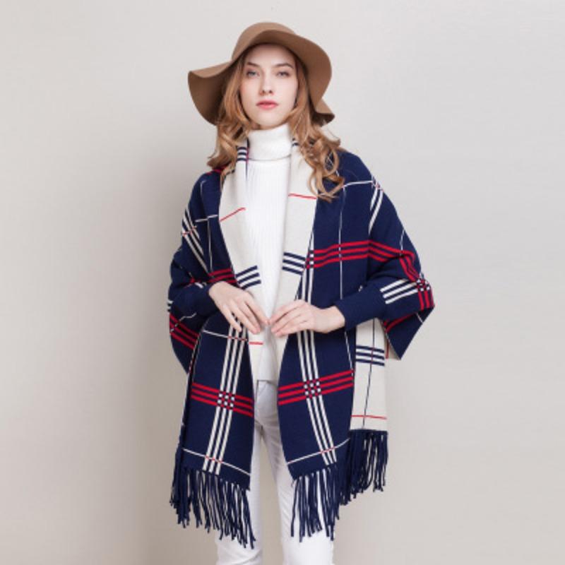 Women'S Double-Sided Shawl, Scarf, Dual-Purpose Fringed Thickened Long-Sleeved Cashmere-Blend Cape Jacket
