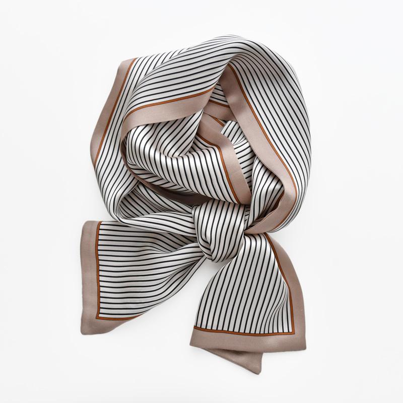 Light Brown Stripe Natural Silk Women Long Scarf Fashion Ribbon Foulard Design Neckerchief Headscarf Bandana Warp Gift for Girls