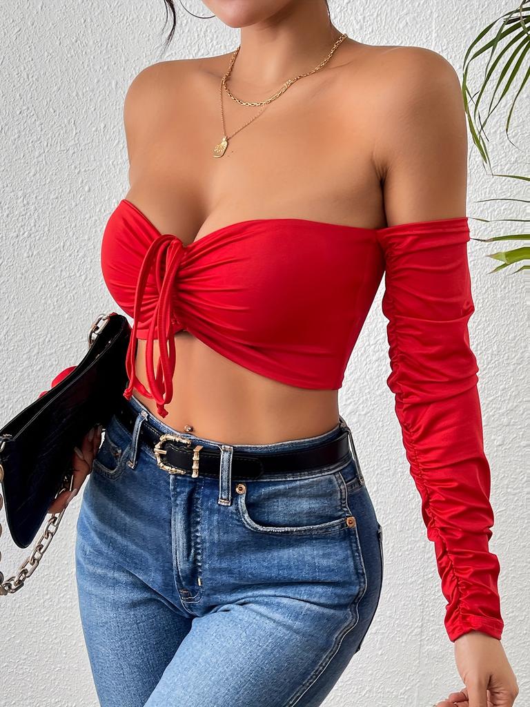 Solid Off-shoulder T Shirt Basic Long Sleeve Drawstring Crop Top Women T-shirt Casual Tank Top Slim Female Crop Top Fashion Tee Shirt Y2k Streetwear