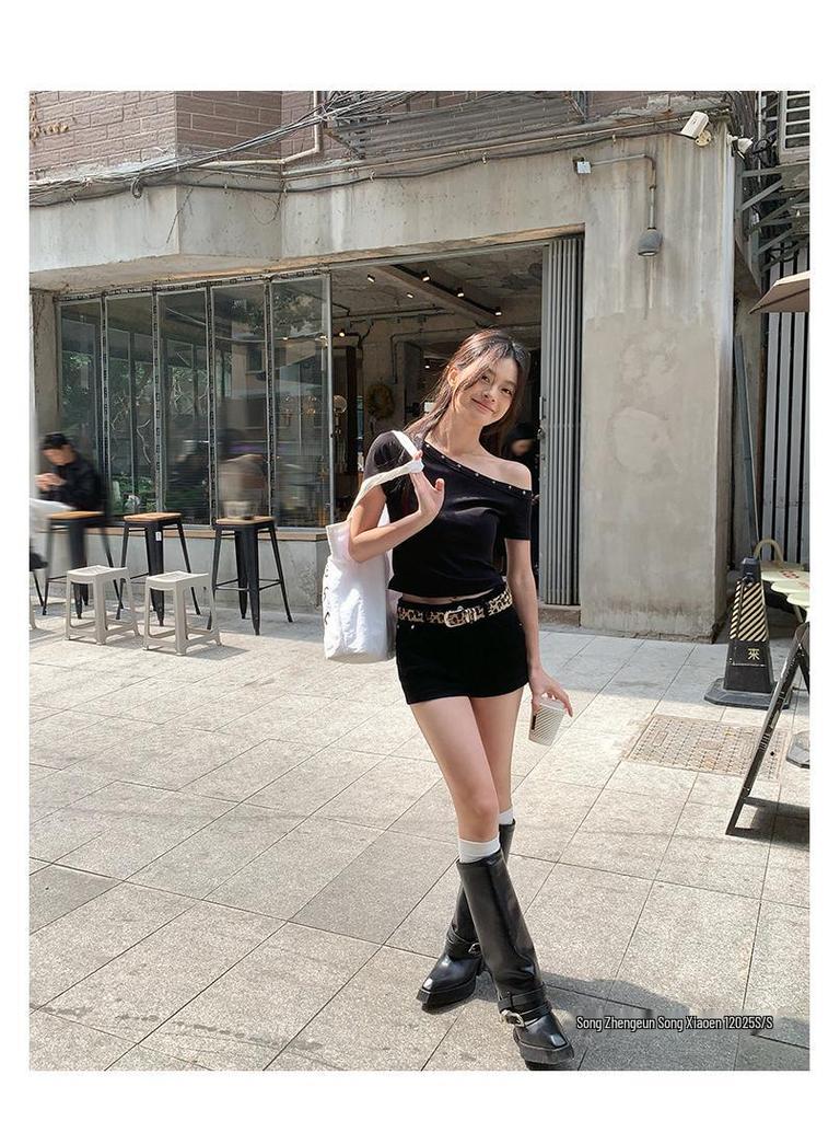 Women's Black Asymmetric Off-Shoulder T-Shirt with Rhinestones, Summer 2025 Collection - Chic and Unique Style