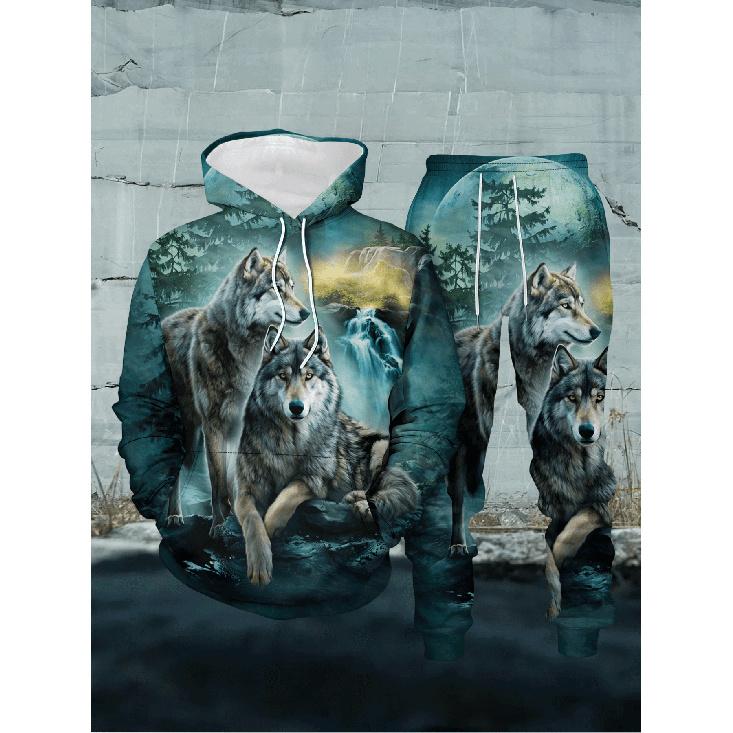 Trendy Men S Wild Wolf Style Set, Forest Double Wolves 3D Printed Hoodie, Men S Casual 2pcs Outfit S