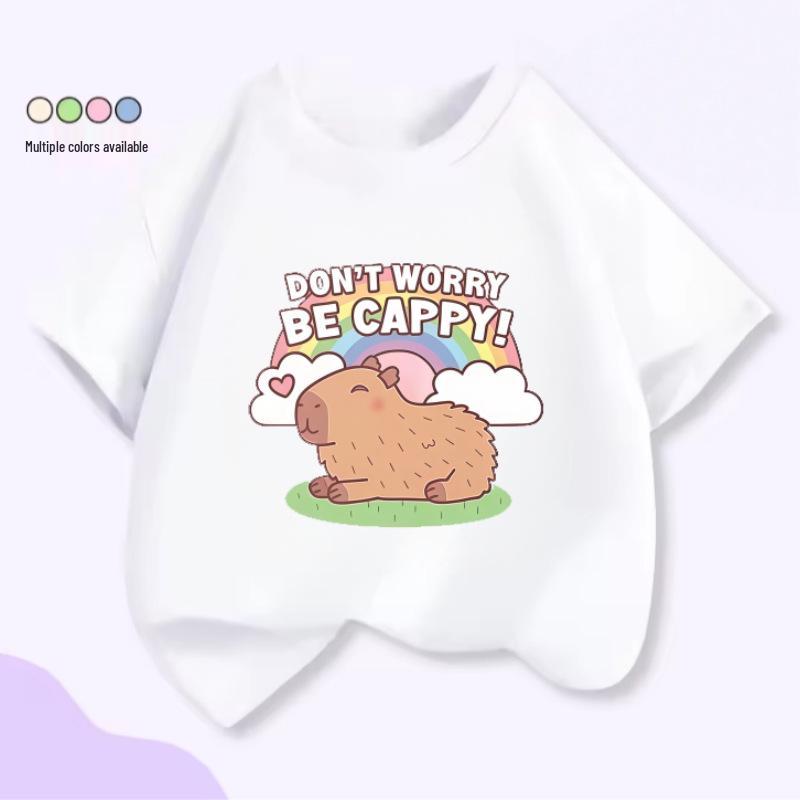 Unisex Kids’ Cute Capybara Milk Tea Cartoon T-Shirt - Loose Summer Casual Short Sleeve Top