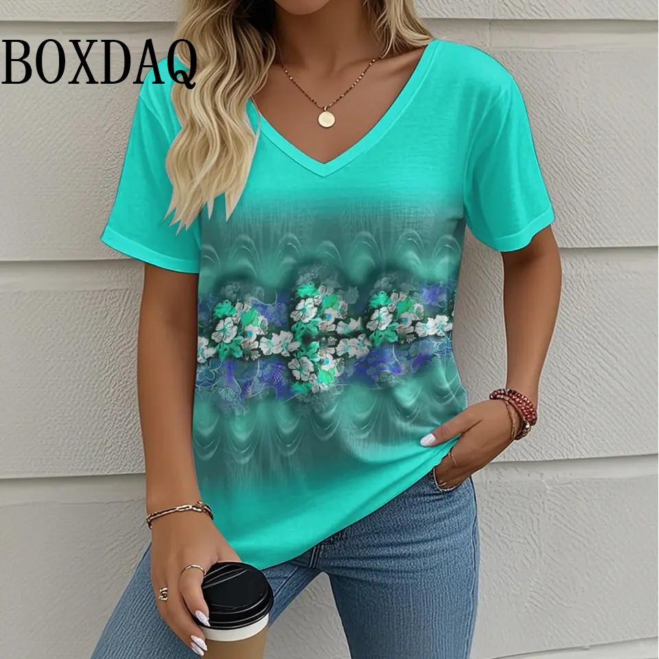Summer Casual Loose Short Sleeve T Shirt Vintage V-Neck Flowers Printed Women's Tee Tops Plus Size Ladies T-Shirt Clothing