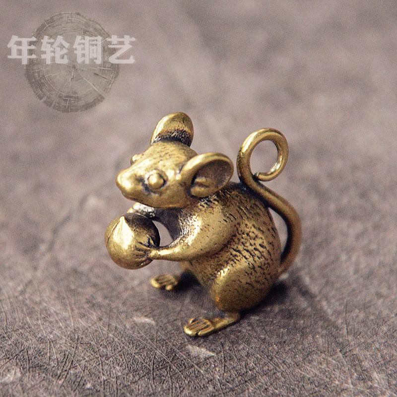 Solid Brass Rat Holding Peach Keychain Animal Zodiac Charm Decorative Key Ring Bag Car Home