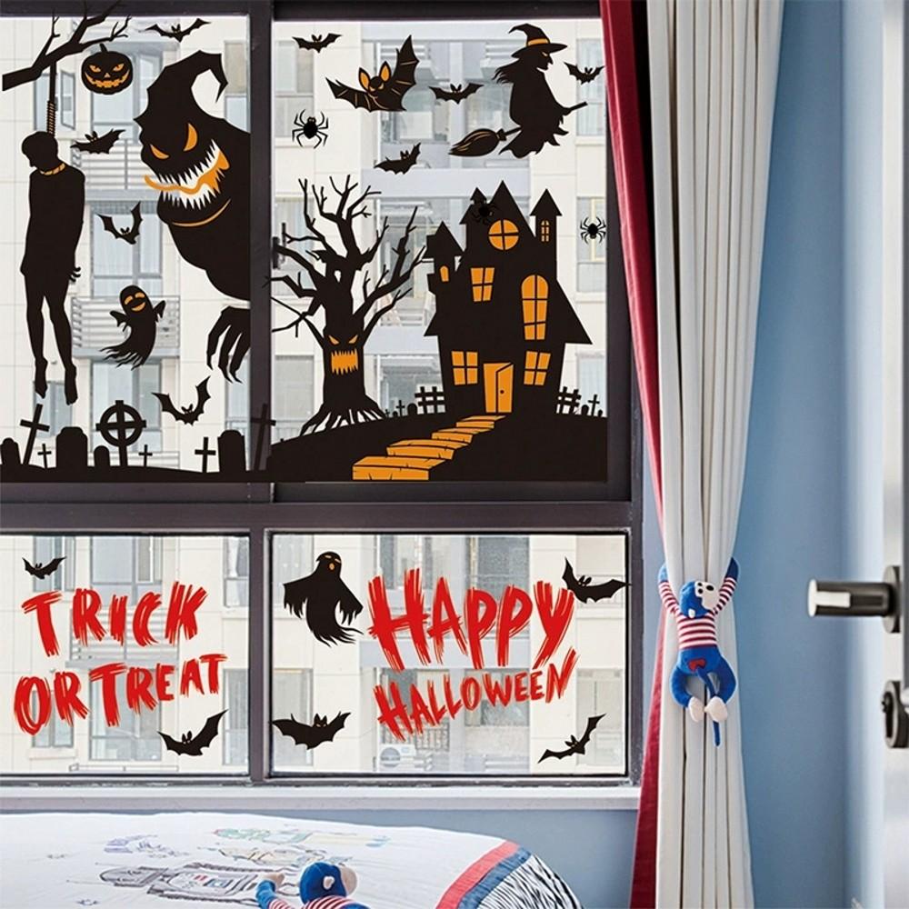 Halloween statisch haftende Fensteraufkleber Set Kürbis Geist Fledermaus Spukhaus Deko Wiederverwendbar Heimparty für Feiertag Glasdeko