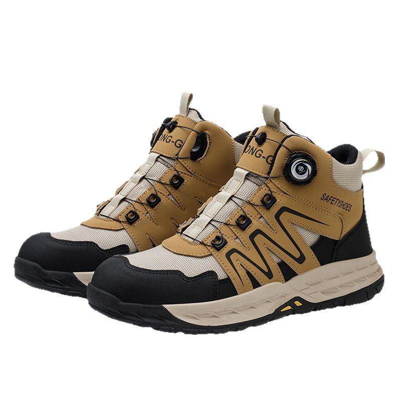 High-Top Safety Shoes with Rotating Button, Anti-Smash, Anti-Puncture, Wear-Resistant, No-Tie Laces