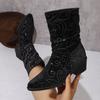 Appearance large size rhinestone pleated medium boots autumn and winter new pointed thick heel western style leather boots fashion short boots