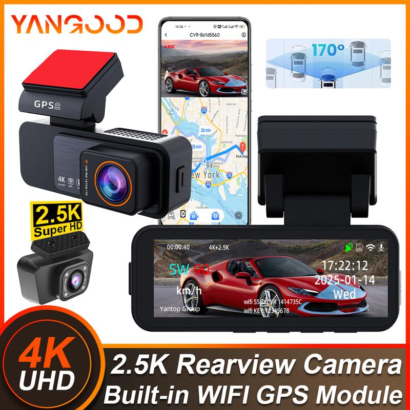 Yangood 4K Dashcam Mini Car DVR Support GPS Speed Display APP/WIFI real-time Control Night Vision2.5K Rear View Camera Black Box