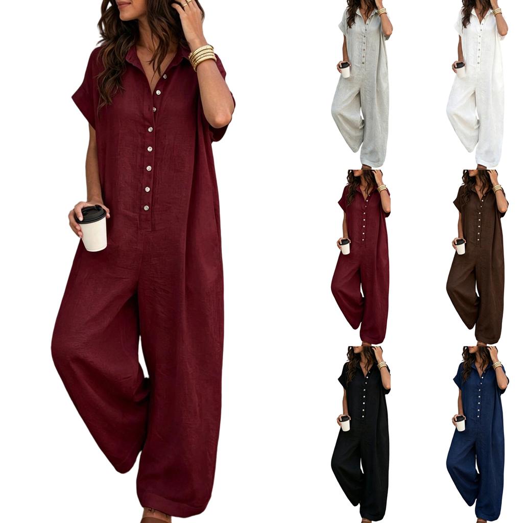 Womens Short Sleeve Button Down Loose Fit Jumpsuit Casual Wide Leg Romper with Pockets for Daily Wear