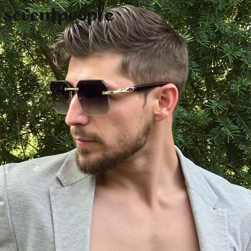 Steampunk Rektangulära Solglasögon Utan Bågar Män Lyxmärke Klassisk Punk Utomhus Solglasögon Vintage Båglösa Nyanser För Män