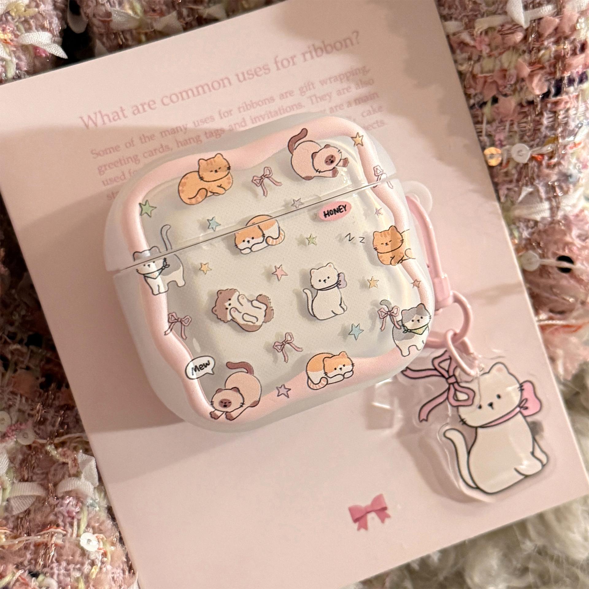 

Cute Cartoon Kitten Cat Wavy Earphone Case For Airpods 4 2 3 1 Pro 3 2 Wireless Bluetooth Headset Protective Cover With Pendant airpods 1 2
