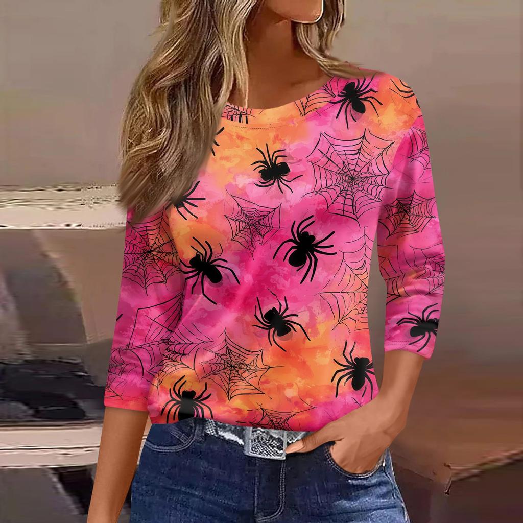 Women's Halloween Print T-Shirt Loose Fit Round Neck Three Quarter Sleeve Casual Shirt with Pumpkin and Bat Design for Seasonal Wear