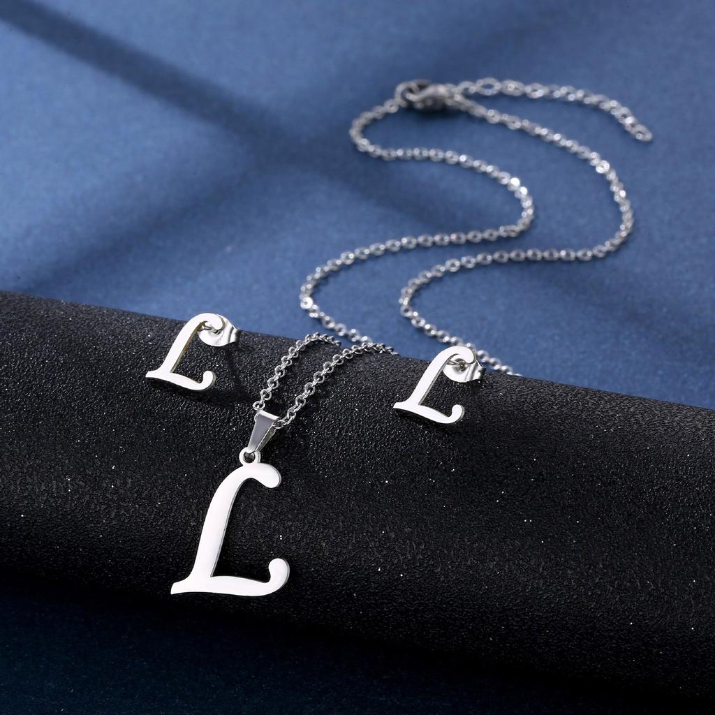 Stainless Steel Letter Pendant Necklace Unisex Jewelry Set Letter Earrings Party Accessory Present for Fashion Lover