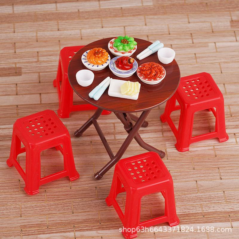Retro Mini Kitchen Toy Dining Table Square Table Round Table Stool Eating Play Doll House Small Ornament Children'S Play House